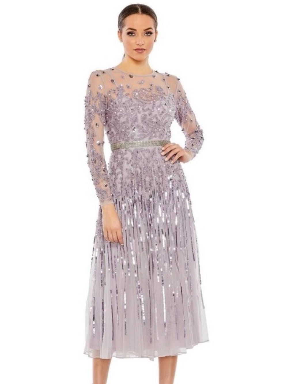 NWT Mac Duggal Illusion High Neck Long-Sleeve Tea Length Dress Lilac #9857 - Picture 2 of 7